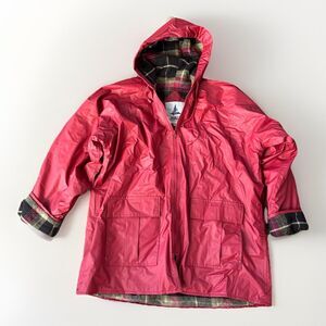 Vintage Misty Harbor Rain Coat XL Red Slicker Hooded Red Plaid Flannel Lined